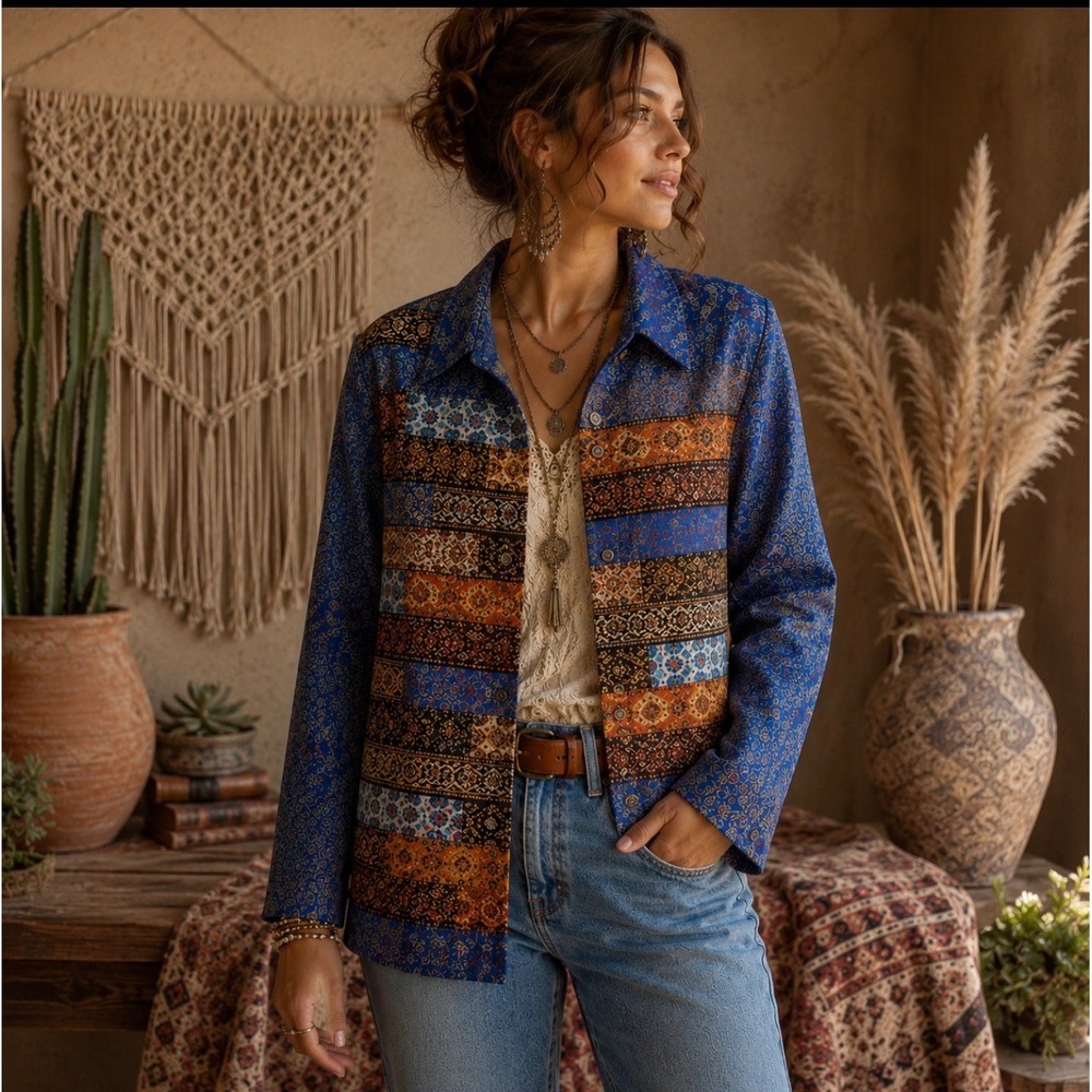 Coldwater Creek Boho Mixed Media Jacket Tapestry Patchwork Brocade Artsy Coat L‎